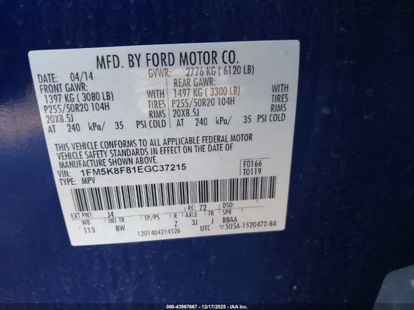 2014 Ford Explorer Limited VIN: 1FM5K8F81EGC37215 Lot: 43967667