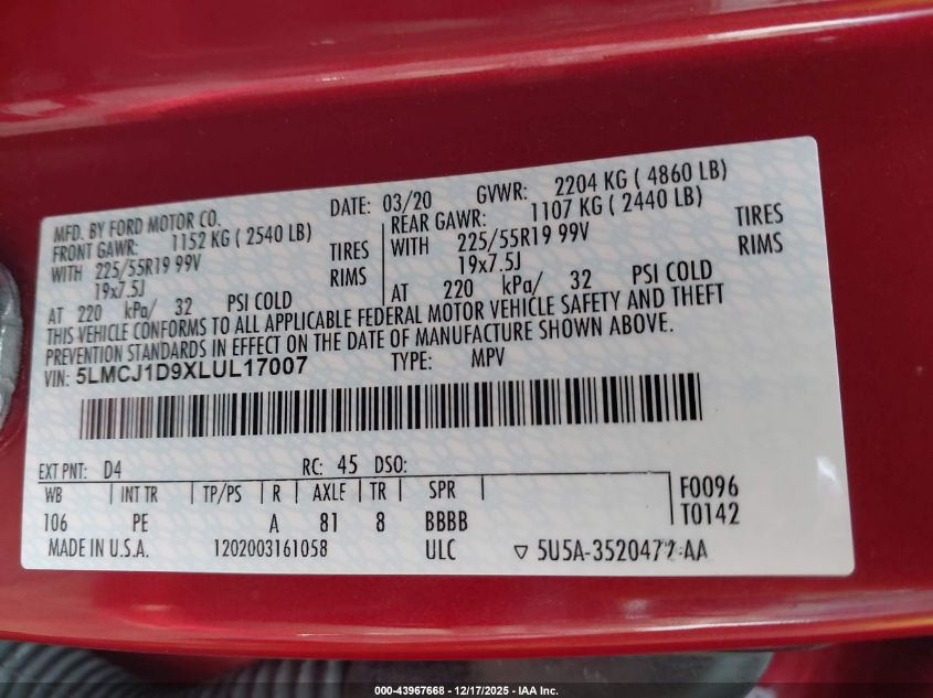 2020 Lincoln Corsair Standard VIN: 5LMCJ1D9XLUL17007 Lot: 43967668