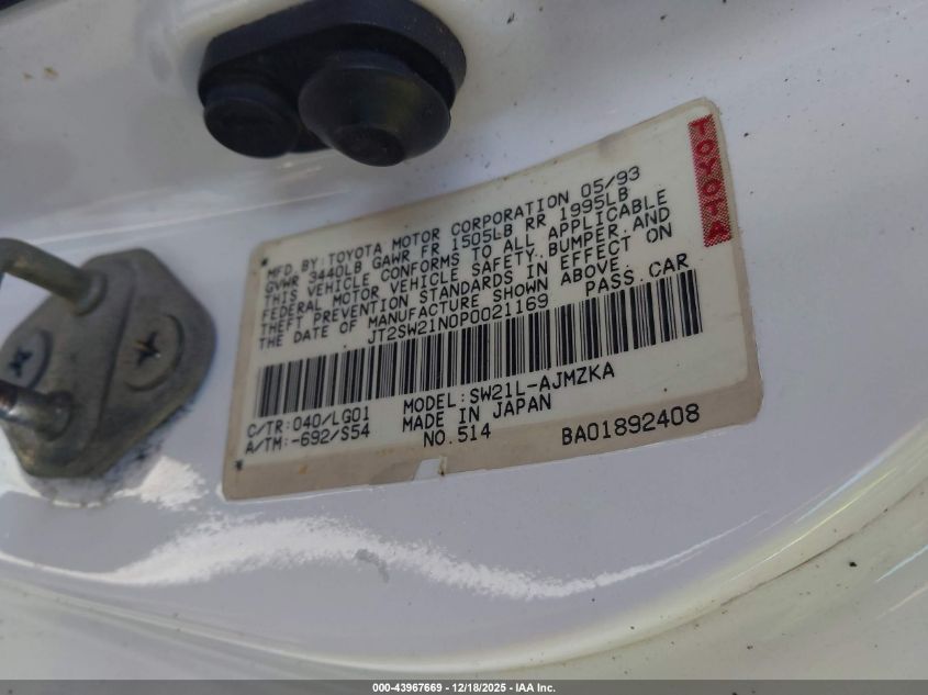 1993 Toyota Mr2 Sport Roof VIN: JT2SW21N0P0021169 Lot: 43967669