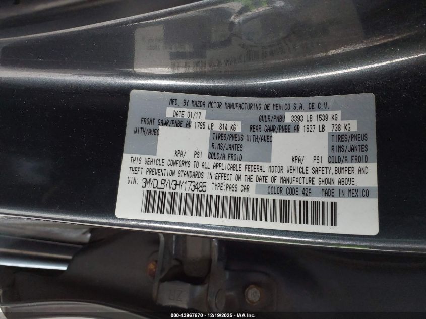 2017 Toyota Yaris Ia VIN: 3MYDLBYV3HY173485 Lot: 43967670