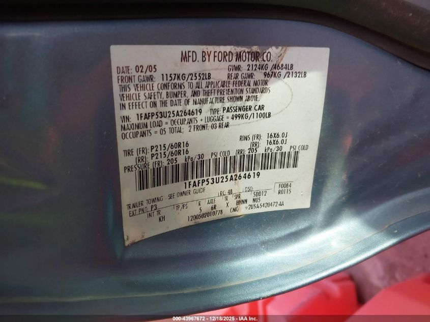 2005 Ford Taurus Se VIN: 1FAFP53U25A264619 Lot: 43967672