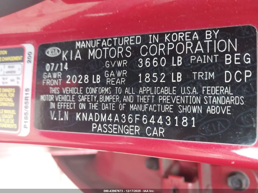 2015 Kia Rio Lx VIN: KNADM4A36F6443181 Lot: 43967673