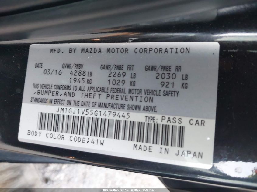 2016 Mazda Mazda6 I Touring VIN: JM1GJ1V55G1479445 Lot: 43967676