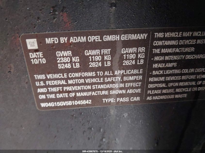 2011 Buick Regal Cxl Turbo Russelsheim VIN: W04G15GV5B1045842 Lot: 43967678