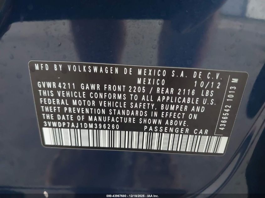 2013 Volkswagen Jetta 2.5L Se VIN: 3VWDP7AJ1DM396260 Lot: 43967680