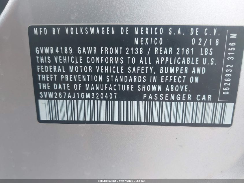 2016 Volkswagen Jetta 1.4T S VIN: 3VW267AJ1GM320407 Lot: 43967681