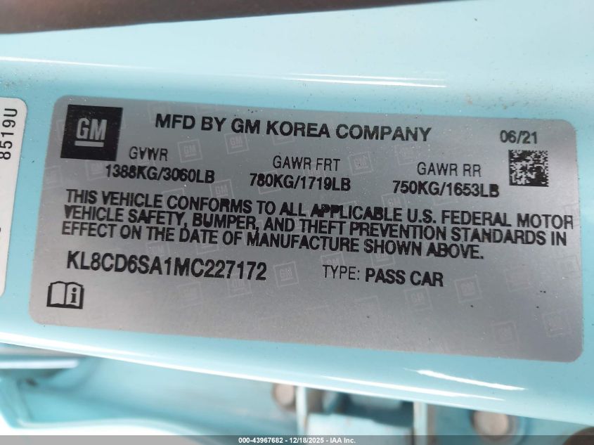 2021 Chevrolet Spark Fwd 1Lt Automatic VIN: KL8CD6SA1MC227172 Lot: 43967682