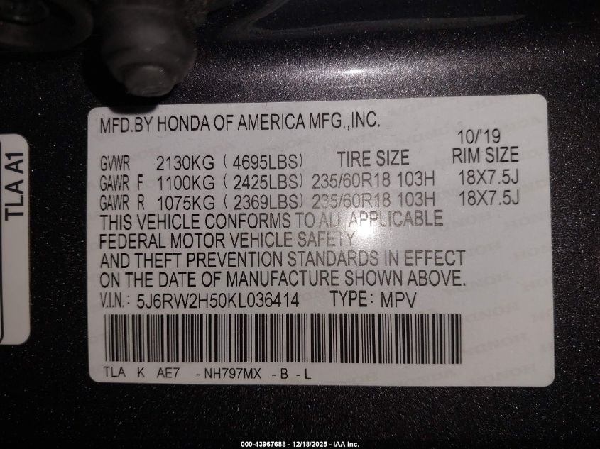 2019 Honda Cr-V Ex VIN: 5J6RW2H50KL036414 Lot: 43967688