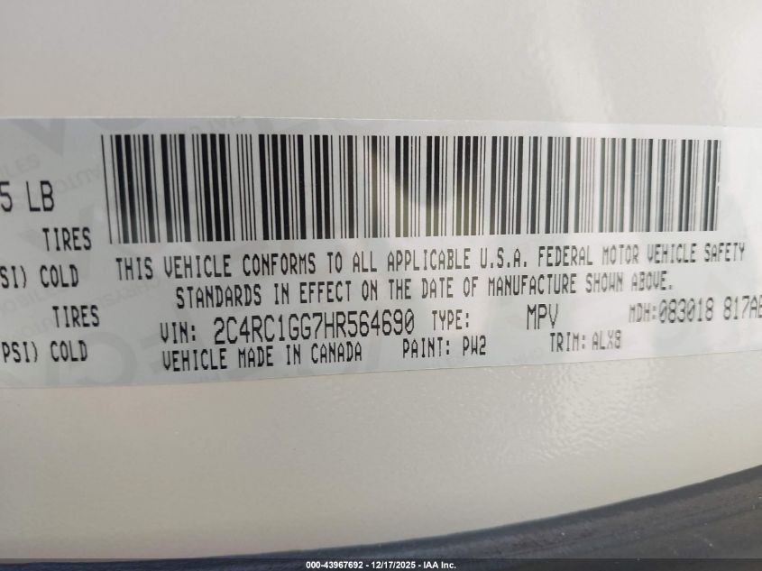 2017 Chrysler Pacifica Limited VIN: 2C4RC1GG7HR564690 Lot: 43967692