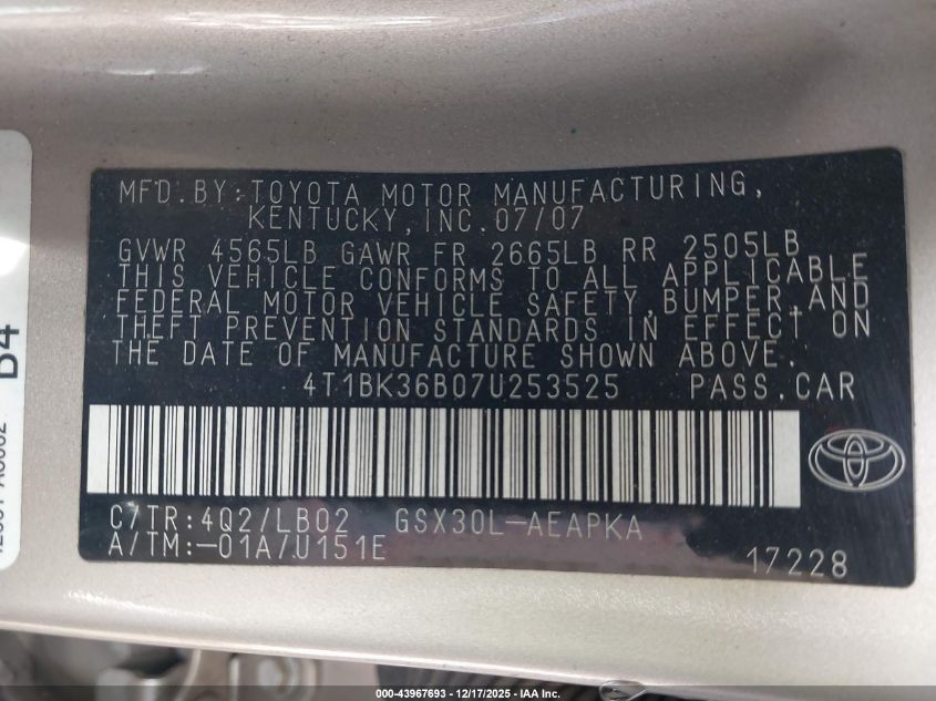 2007 Toyota Avalon Limited VIN: 4T1BK36B07U253525 Lot: 43967693