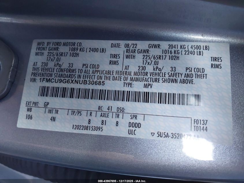 2022 Ford Escape Se VIN: 1FMCU9G6XNUB30685 Lot: 43967695
