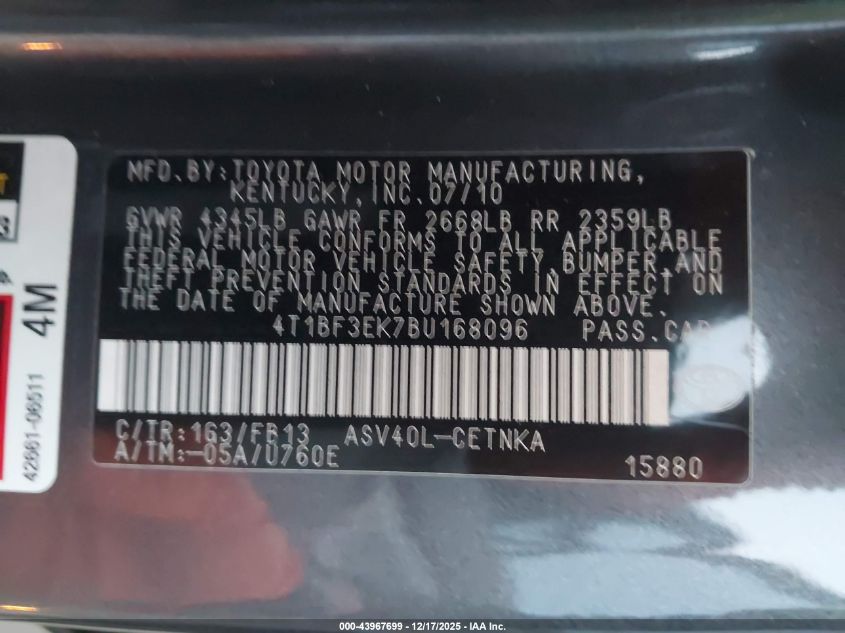 2011 Toyota Camry Le VIN: 4T1BF3EK7BU168096 Lot: 43967699