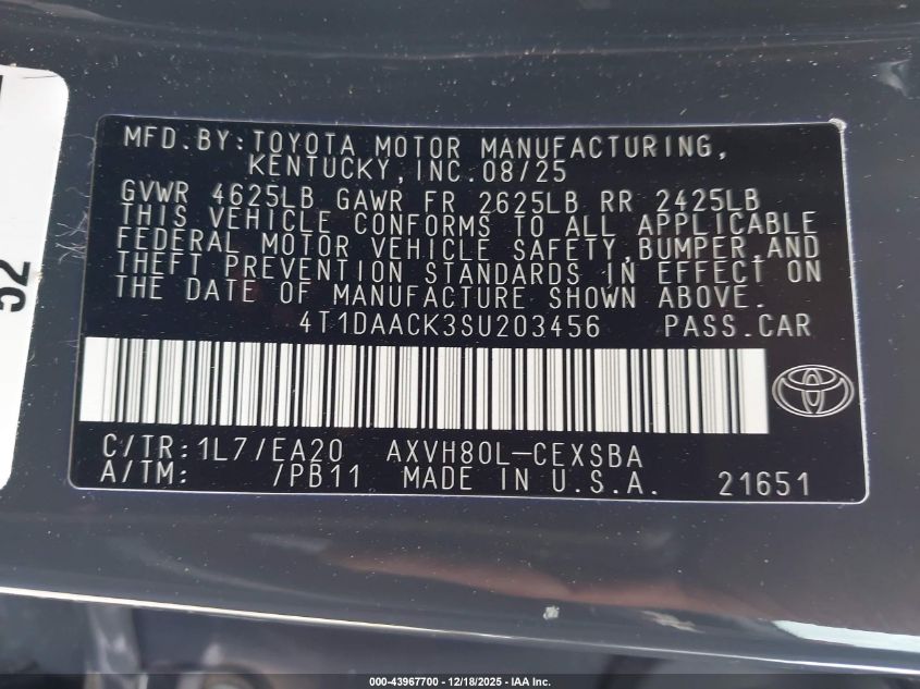 2025 Toyota Camry Se VIN: 4T1DAACK3SU203456 Lot: 43967700