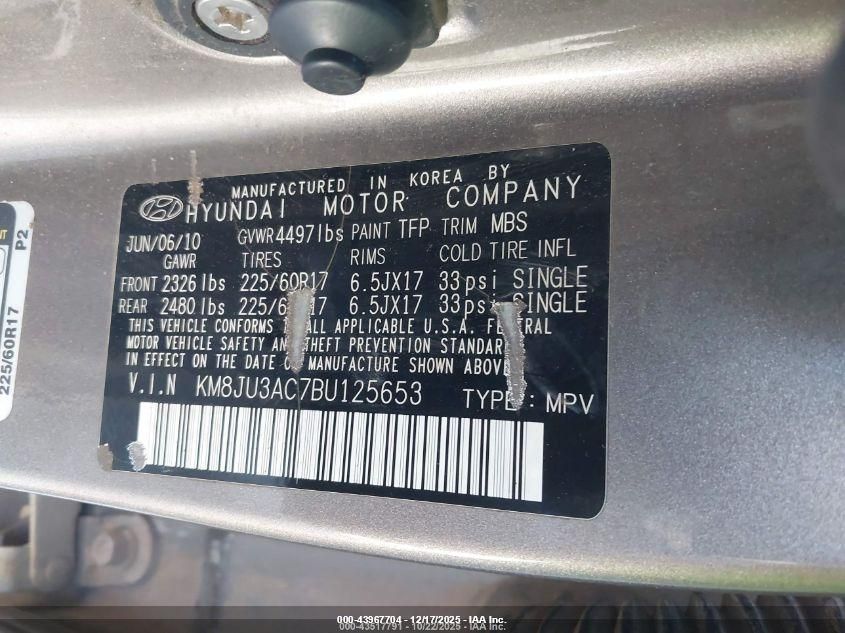 2011 Hyundai Tucson Gls VIN: KM8JU3AC7BU125653 Lot: 43967704