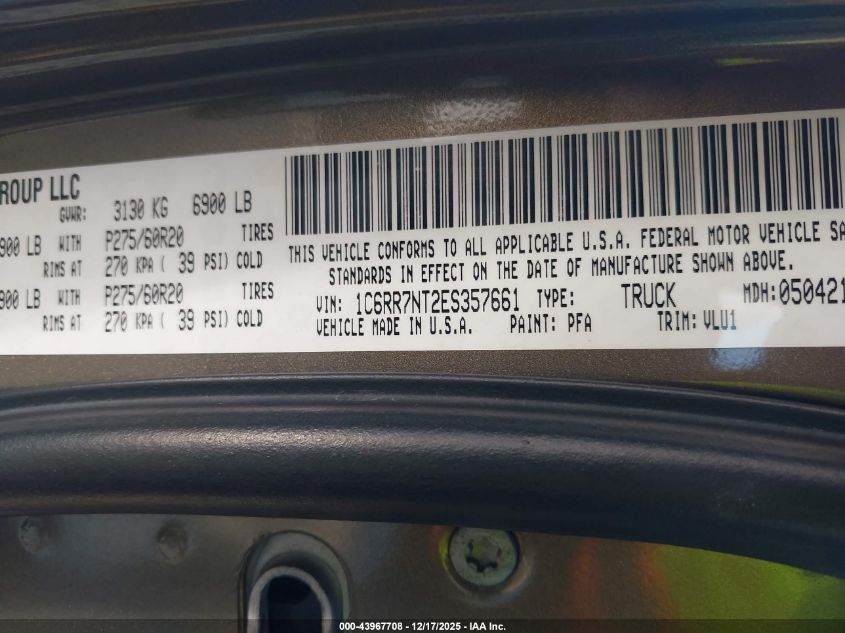 2014 Ram 1500 Laramie VIN: 1C6RR7NT2ES357661 Lot: 43967708