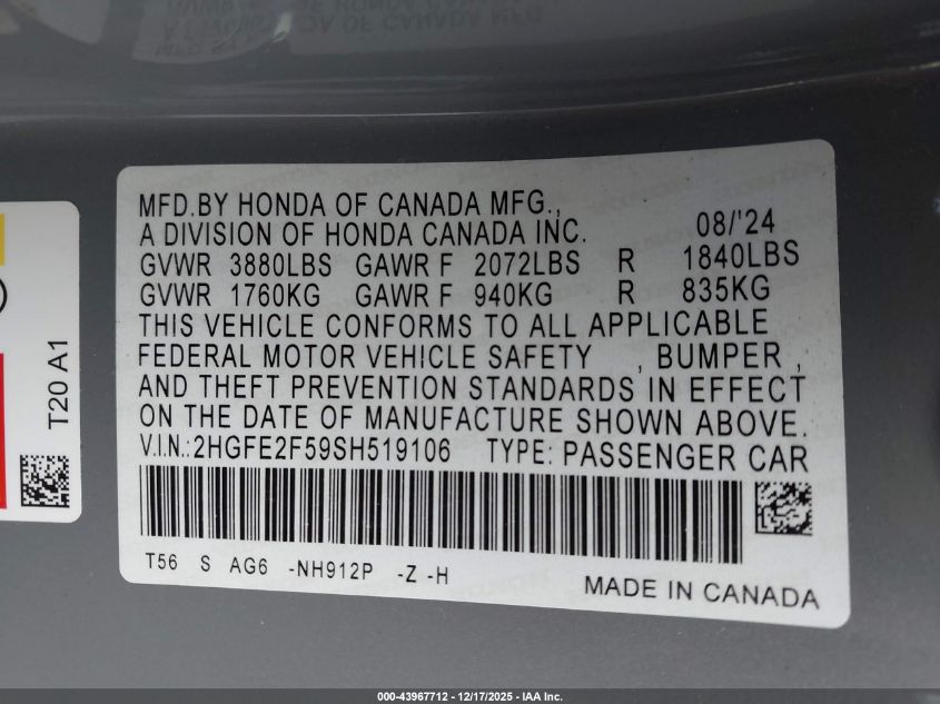 2025 Honda Civic Sport VIN: 2HGFE2F59SH519106 Lot: 43967712