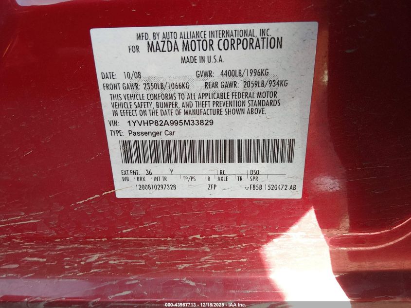 2009 Mazda Mazda6 I Grand Touring VIN: 1YVHP82A995M33829 Lot: 43967713