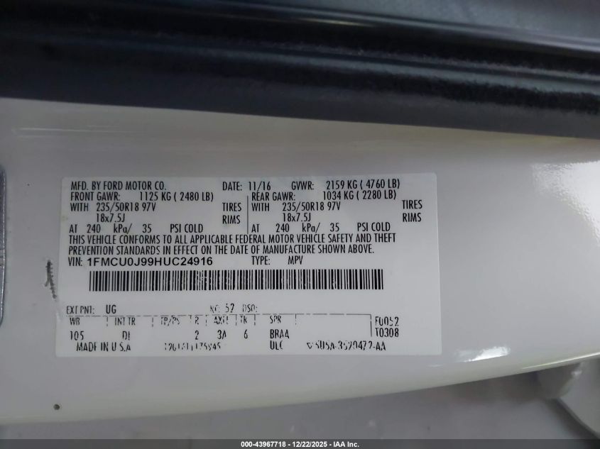 2017 Ford Escape Titanium VIN: 1FMCU0J99HUC24916 Lot: 43967718