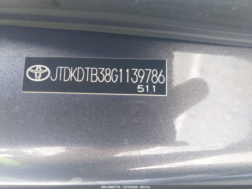 2016 Toyota Prius C One VIN: JTDKDTB38G1139786 Lot: 43967719