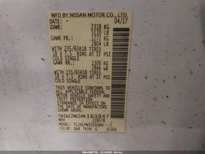 2017 Nissan Murano S VIN: 5N1AZ2MG5HN163847 Lot: 43967720