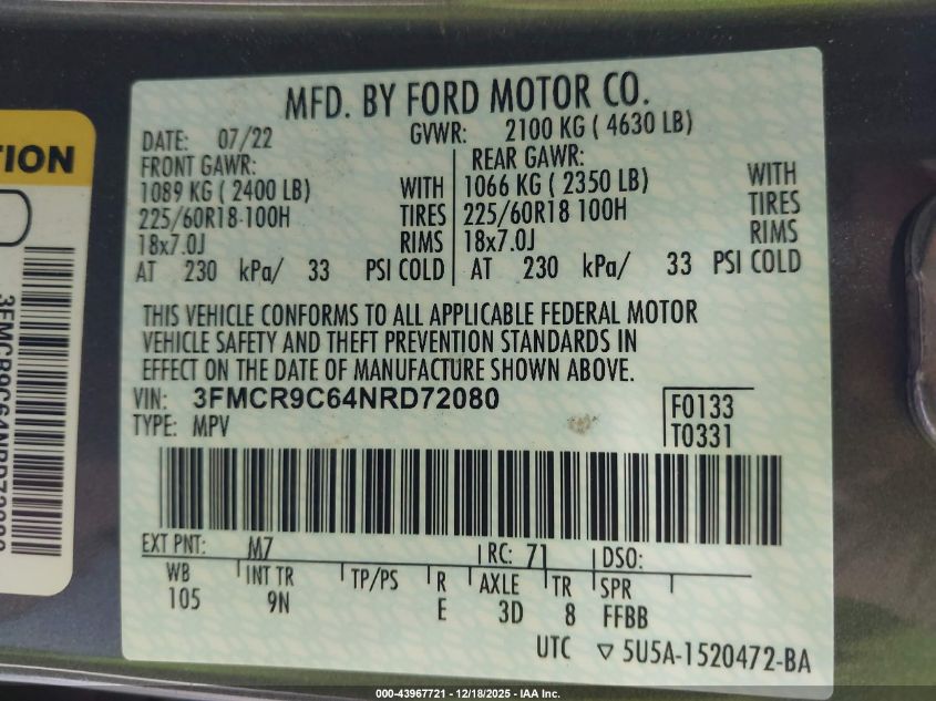 2022 Ford Bronco Sport Outer Banks VIN: 3FMCR9C64NRD72080 Lot: 43967721