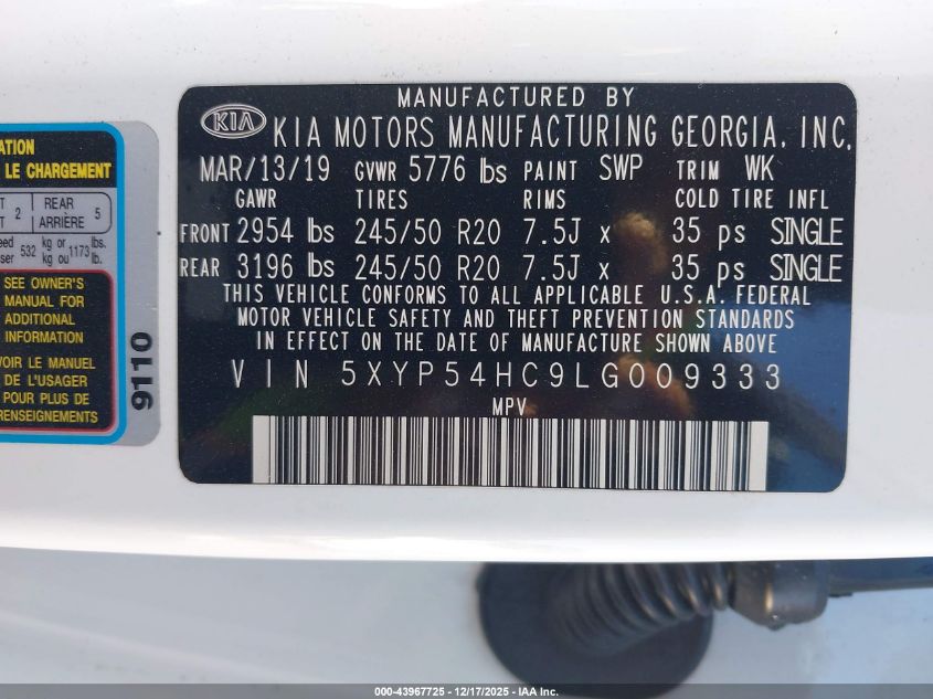 2020 Kia Telluride Sx VIN: 5XYP54HC9LG009333 Lot: 43967725