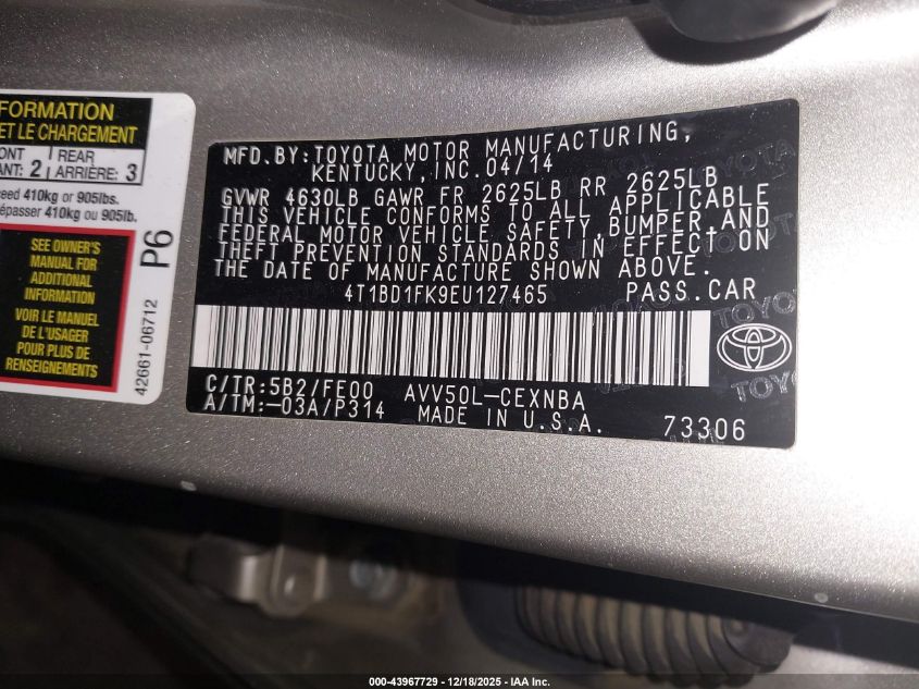 2014 Toyota Camry Hybrid Le VIN: 4T1BD1FK9EU127465 Lot: 43967729