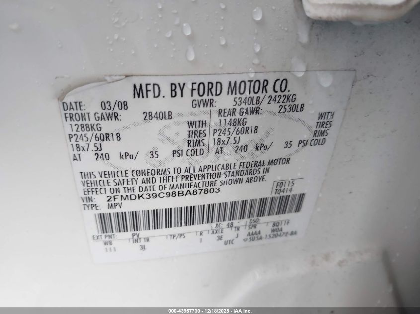 2008 Ford Edge Limited VIN: 2FMDK39C98BA87803 Lot: 43967730