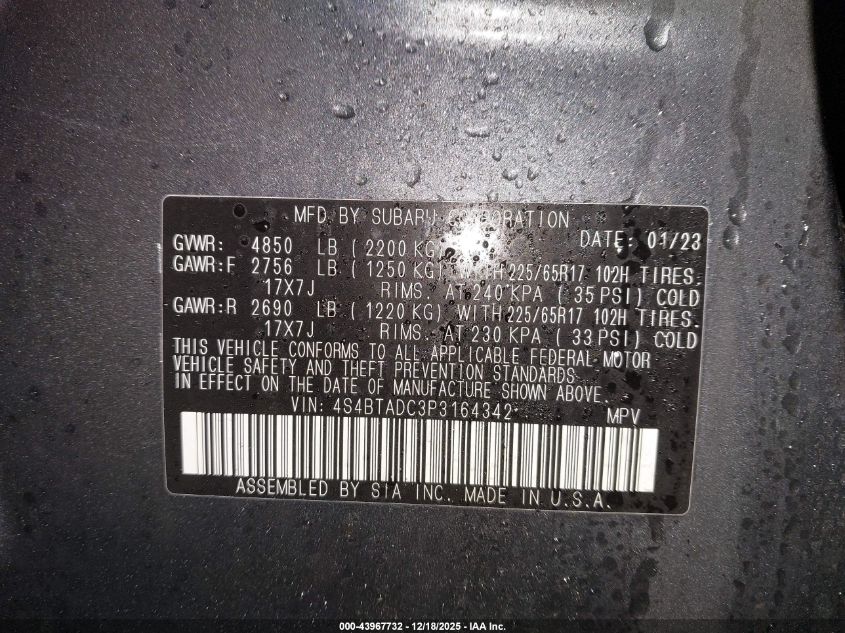 2023 Subaru Outback Premium VIN: 4S4BTADC3P3164342 Lot: 43967732
