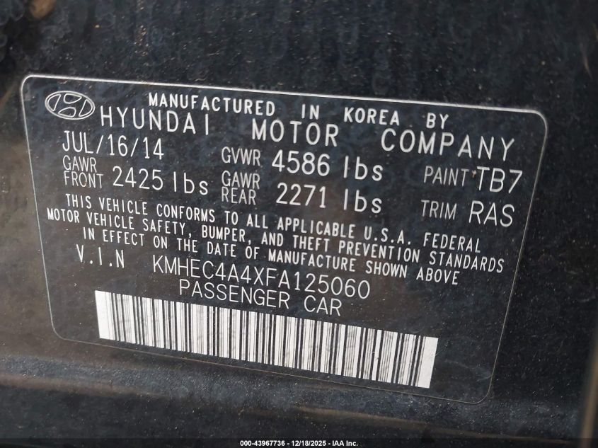 2015 Hyundai Sonata Hybrid Limited VIN: KMHEC4A4XFA125060 Lot: 43967736