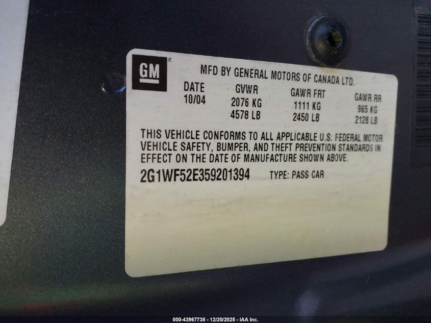 2005 Chevrolet Impala VIN: 2G1WF52E359201394 Lot: 43967738