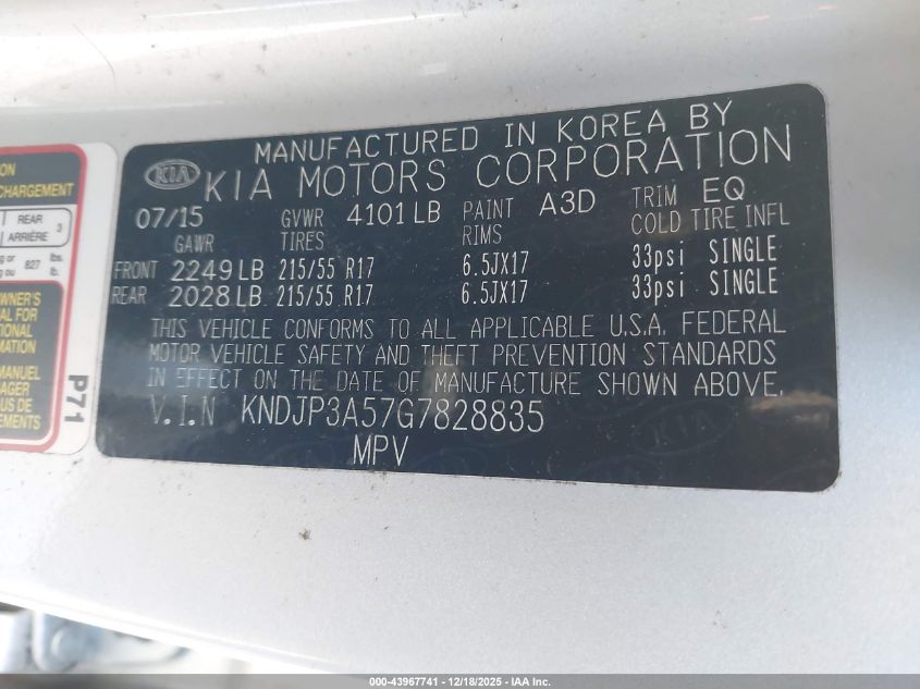 2016 Kia Soul + VIN: KNDJP3A57G7828835 Lot: 43967741