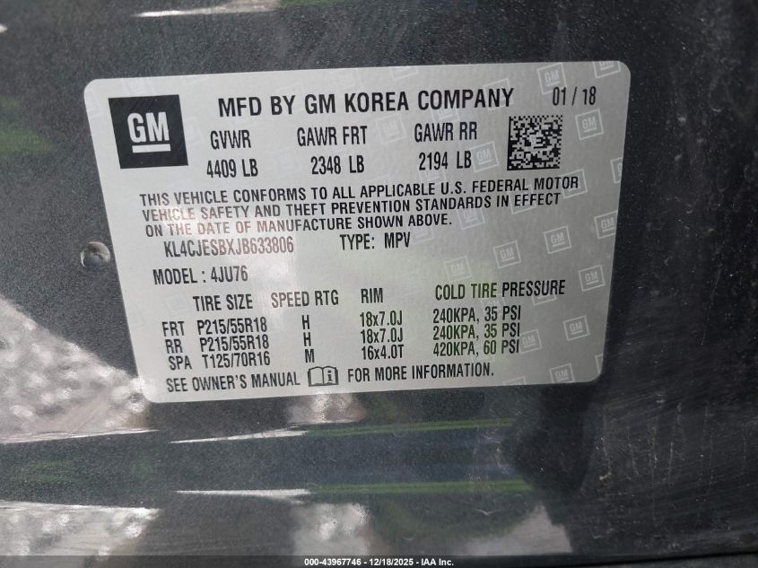 2018 Buick Encore Preferred VIN: KL4CJESBXJB633806 Lot: 43967746