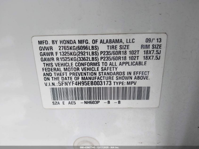 2014 Honda Pilot Touring VIN: 5FNYF4H95EB003173 Lot: 43967745