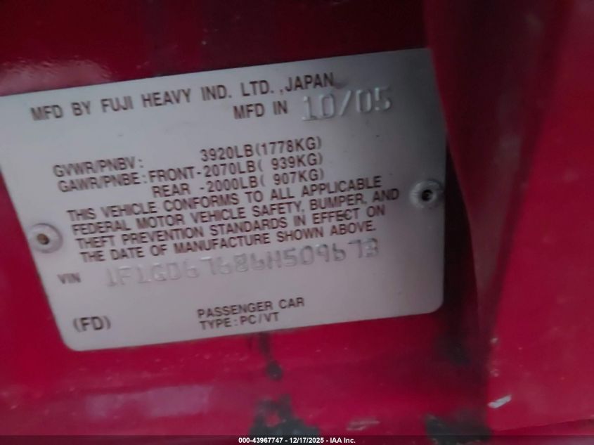 2006 Subaru Impreza 2.5I VIN: JF1GD67686H509673 Lot: 43967747