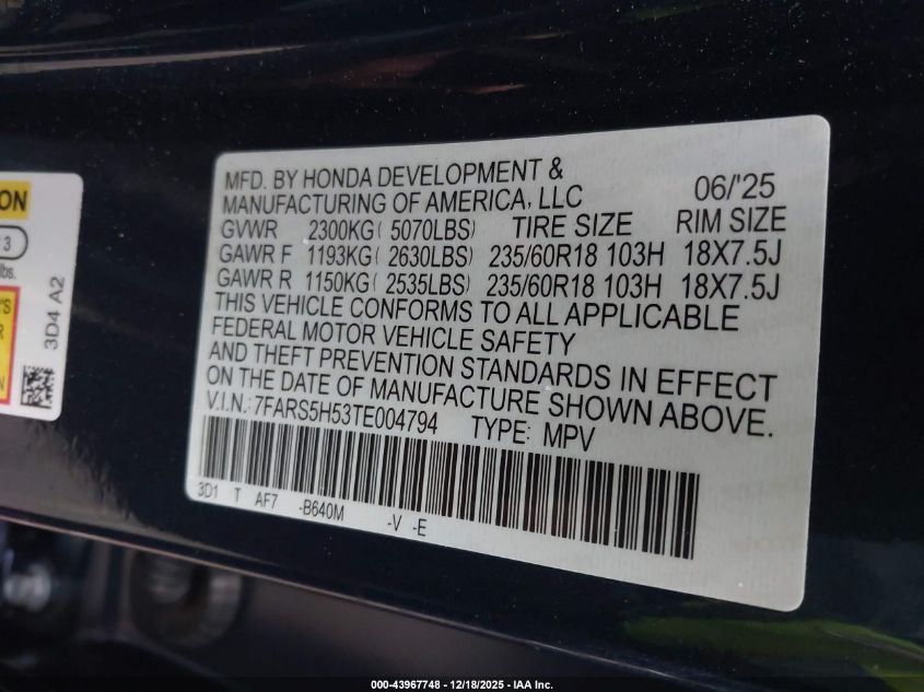 2026 Honda Cr-V Sport VIN: 7FARS5H53TE004794 Lot: 43967748