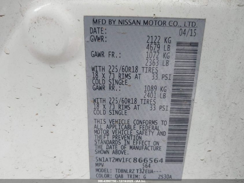 2015 Nissan Rogue Sl VIN: 5N1AT2MV1FC866564 Lot: 43967750