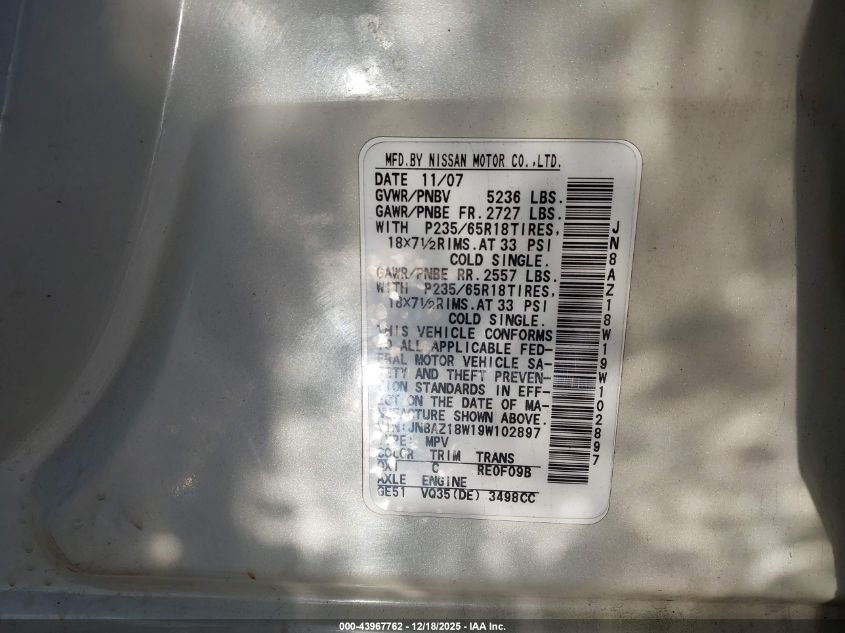 2009 Nissan Murano Sl VIN: JN8AZ18W19W102897 Lot: 43967762