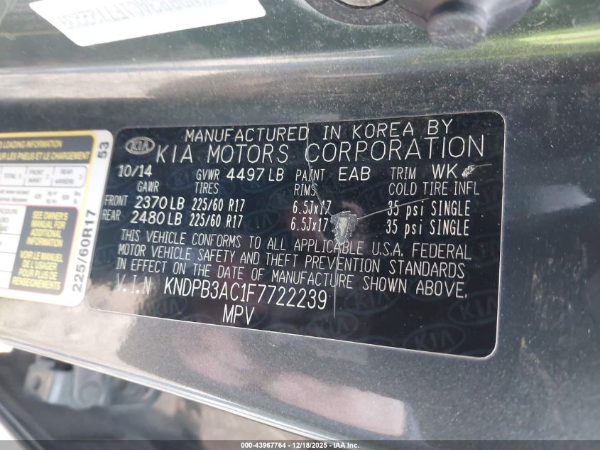 2015 Kia Sportage Lx VIN: KNDPB3AC1F7722239 Lot: 43967764