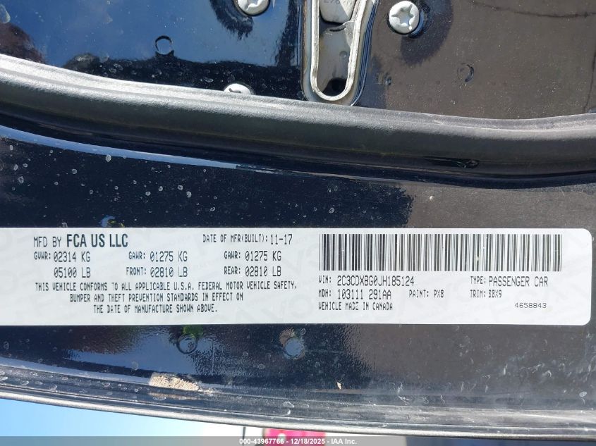 2018 Dodge Charger Sxt Rwd VIN: 2C3CDXBG0JH185124 Lot: 43967766