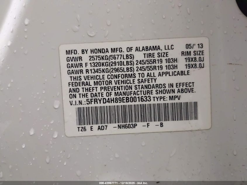 2014 Acura Mdx Advance Pkg W/Entertainment Pkg VIN: 5FRYD4H89EB001633 Lot: 43967771