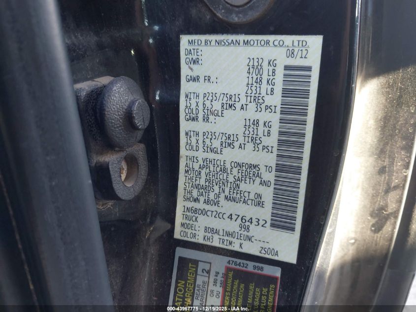 2012 Nissan Frontier S VIN: 1N6BD0CT2CC476432 Lot: 43967775