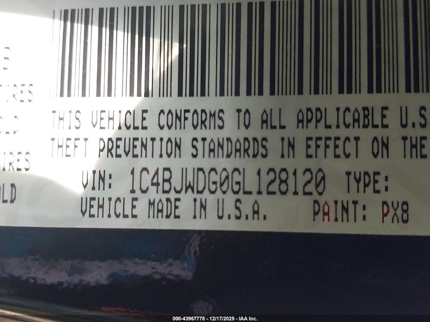 2016 Jeep Wrangler Unlimited Sport VIN: 1C4BJWDG0GL128120 Lot: 43967778