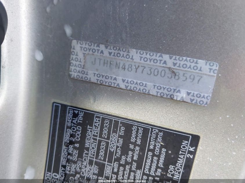 2003 Lexus Sc 430 VIN: JTHFN48Y730038597 Lot: 43967781