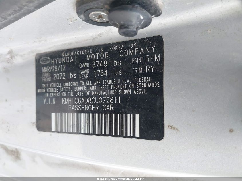 2012 Hyundai Veloster Base W/Gray VIN: KMHTC6AD8CU072811 Lot: 43967782