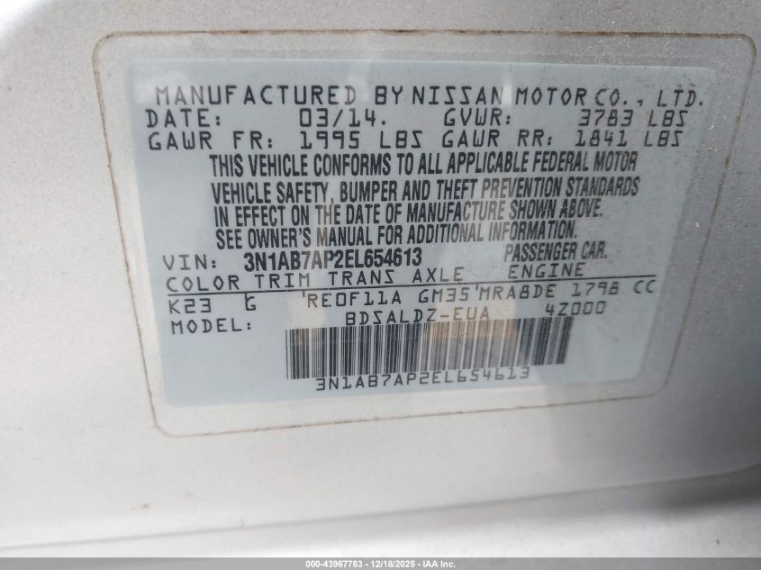 2014 Nissan Sentra Sv VIN: 3N1AB7AP2EL654613 Lot: 43967783