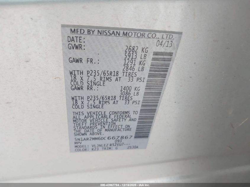 2013 Nissan Pathfinder Sv VIN: 5N1AR2MM6DC667867 Lot: 43967784