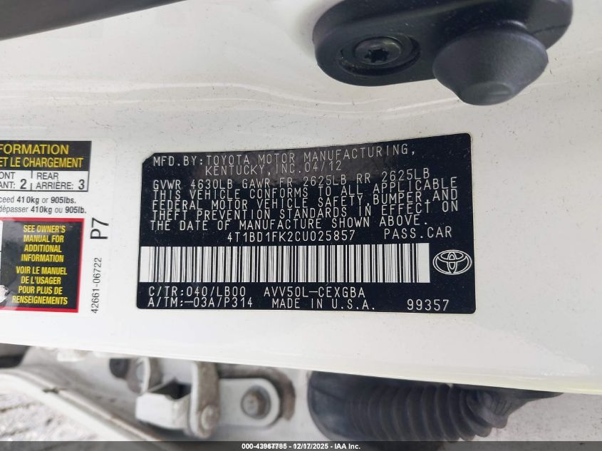 2012 Toyota Camry Hybrid Xle VIN: 4T1BD1FK2CU025857 Lot: 43967785