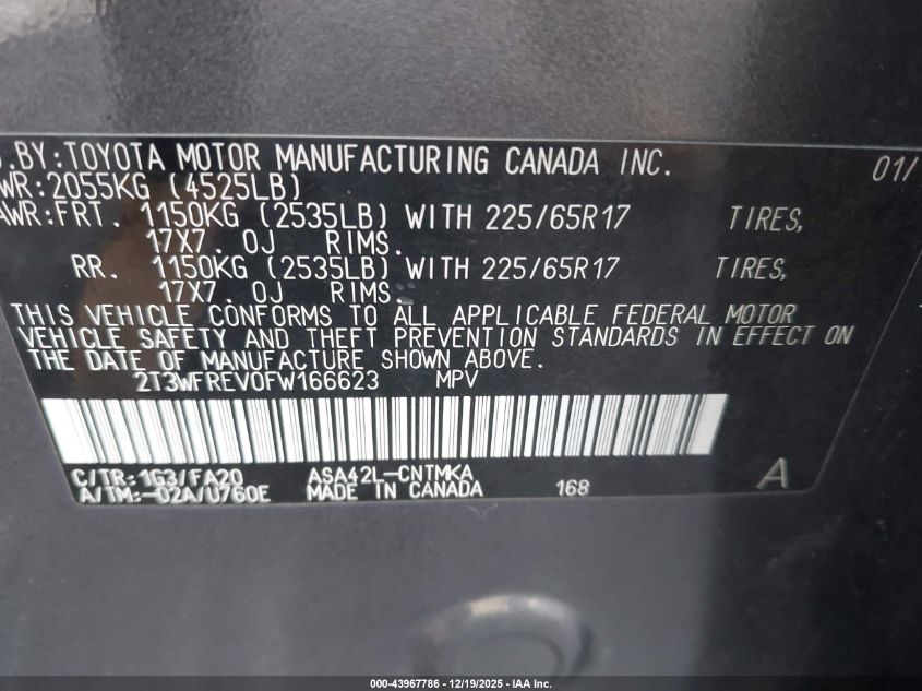 2015 Toyota Rav4 Xle VIN: 2T3WFREV0FW166623 Lot: 43967786