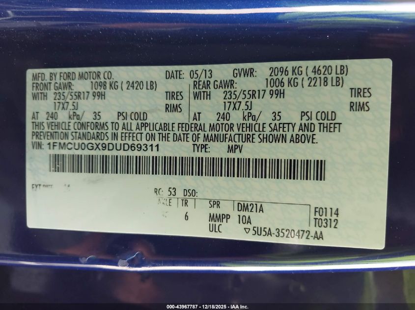 2013 Ford Escape Se VIN: 1FMCU0GX9DUD69311 Lot: 43967787